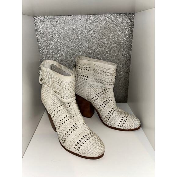 Rag & Bone Newbury Western Preppy White Woven Leather 4” Stacked Heel Booties - Picture 1 of 10